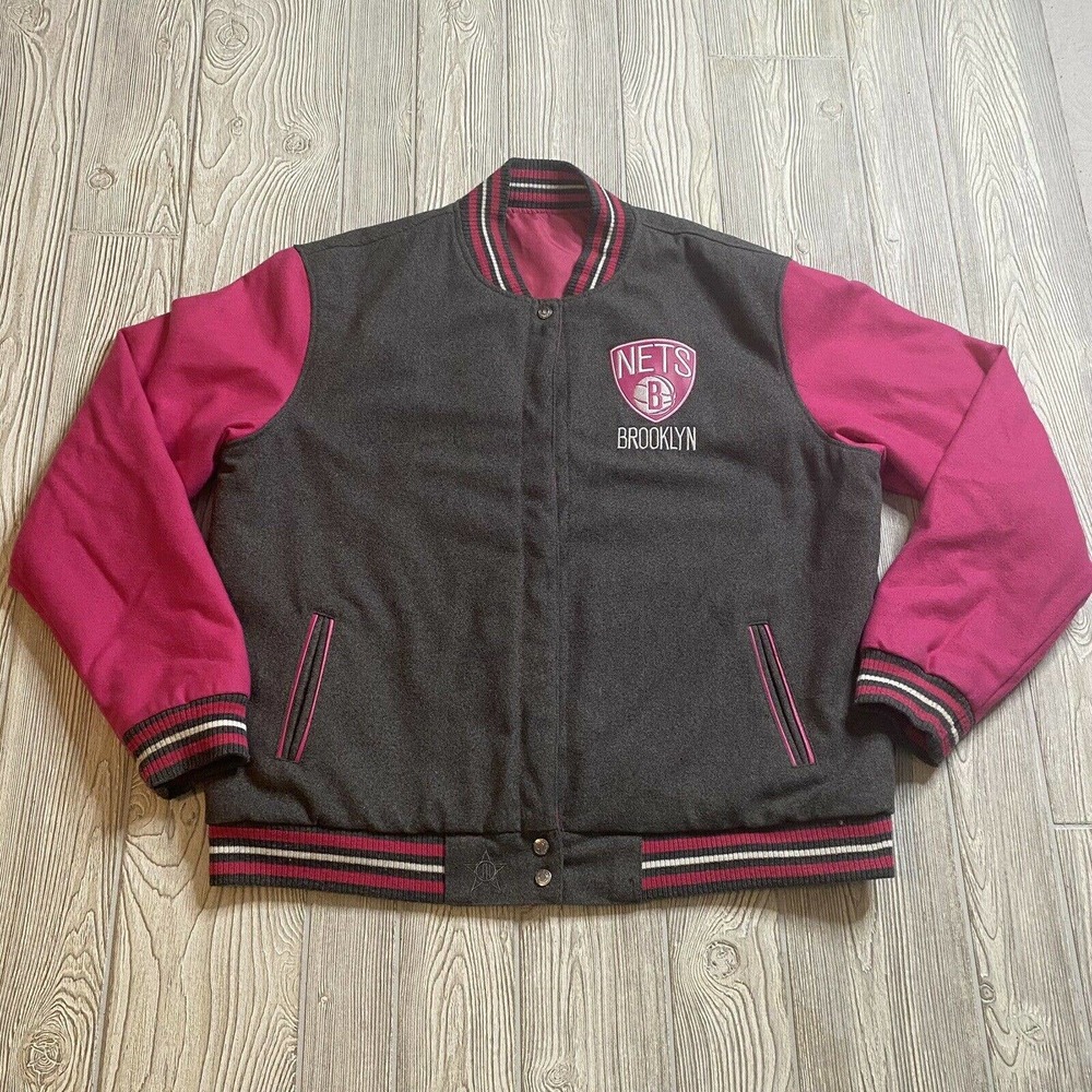 JH Design Brooklyn Nets Reversible Jacket Mens 3XL Pink Snap Varsity Satin Wool